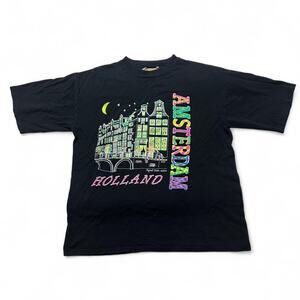 Holland Fashion Vintage 80s Amsterdam Cityscape Black Tee T-shirt Small